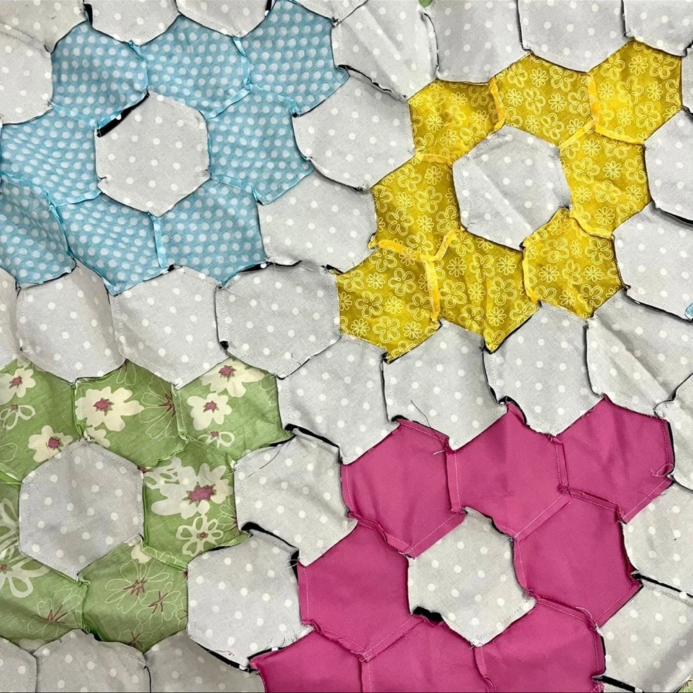 Handmade Flower Hexagon Sewing Patchwork Cotton Queen size Quilt Top/Topper